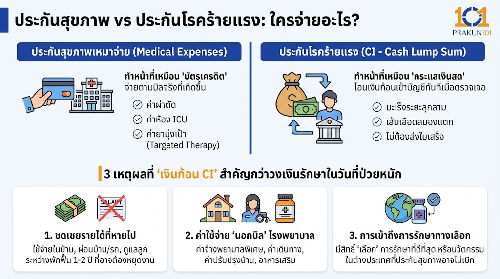 ประกันสุขภาพ vs ประกันโรคร้ายแรง: ใครจ่ายอะไร?