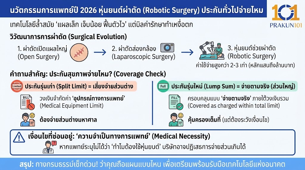 นวัตกรรมการแพทย์ปี 2026 หุ่นยนต์ผ่าตัด (Robotic Surgery) ประกันทั่วไปจ่ายไหม
