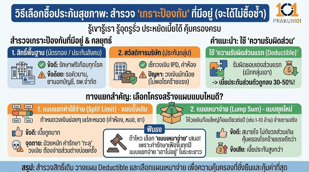 วิธีเลือกซื้อประกันสุขภาพ สำรวจ "เกราะป้องกัน" ที่มีอยู่แล้ว (จะได้ไม่ซื้อซ้ำ)