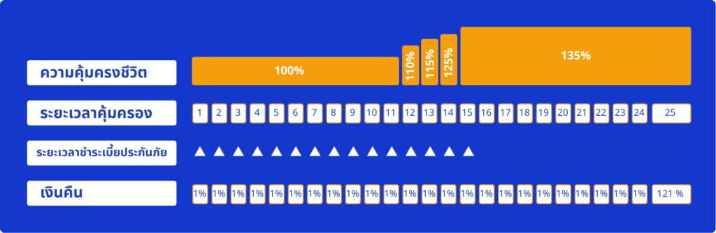 ภาพแสดงผลประโยชน์ และความคุ้มครอง ประกันเอไอเอ สะสมทรัพย์ 1525 (ไม่มีเงินปันผล)